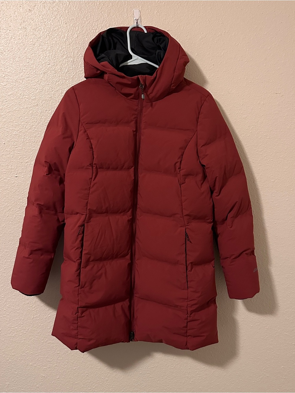 Eddie Bauer Glacier Peak Down Jacket Womens Size M Petite Red Long Hooded Coat
